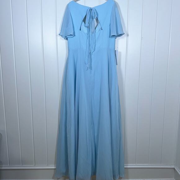 Azazie Kimber Dress Blue Size 16 Chiffon Floor-Length Formal Modest Front Slit - Picture 3 of 6